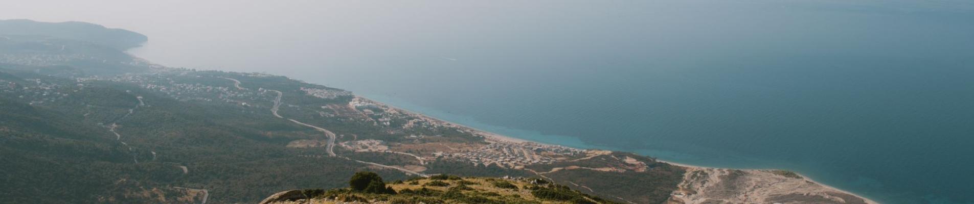 Panoramic view of the Albanian coastline from a hilltop in Vlora, ideal for travel inspiration.