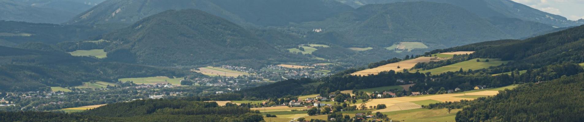Panoramic view of Ternitz, Austria showcasing rolling hills and expansive mountain ranges under a cloudy sky.
