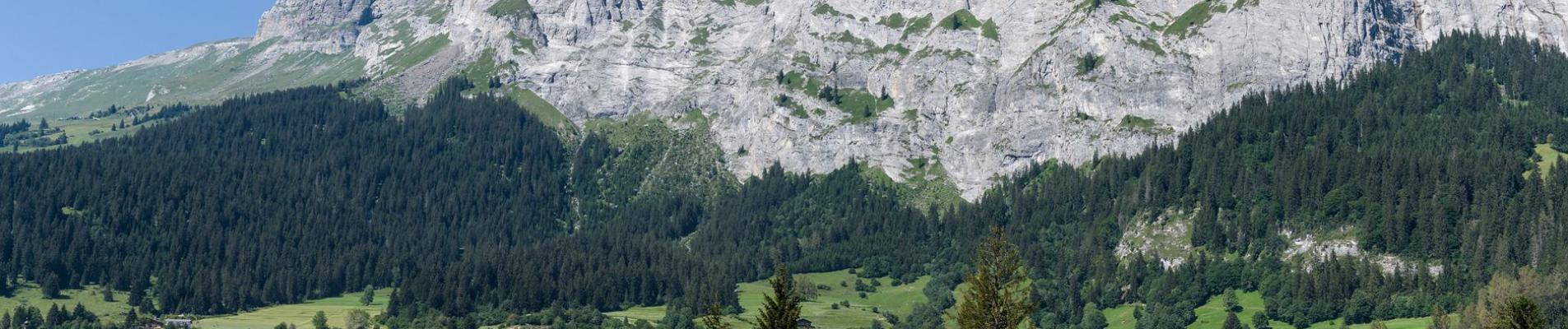 Stunning view of alpine village with majestic mountains and lush greenery under a bright blue sky.