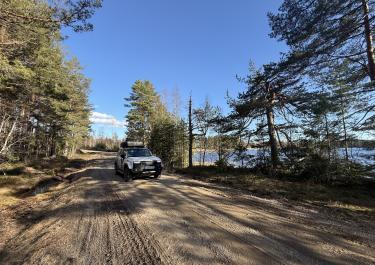 Weißes Auto auf einem Waldweg; rechts ist ein See durch die Bäume erkennbar