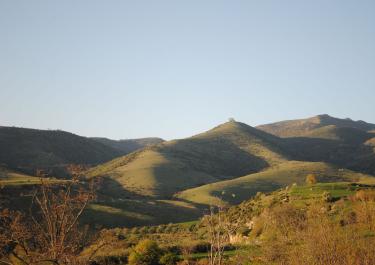 Peaceful countryside view of green hills under a clear sky in Serres, Greece.